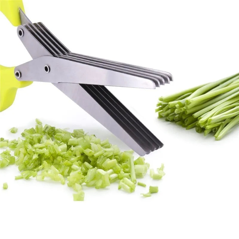 Multi-Blade Herb Scissors — five stainless blades with chopped scallions