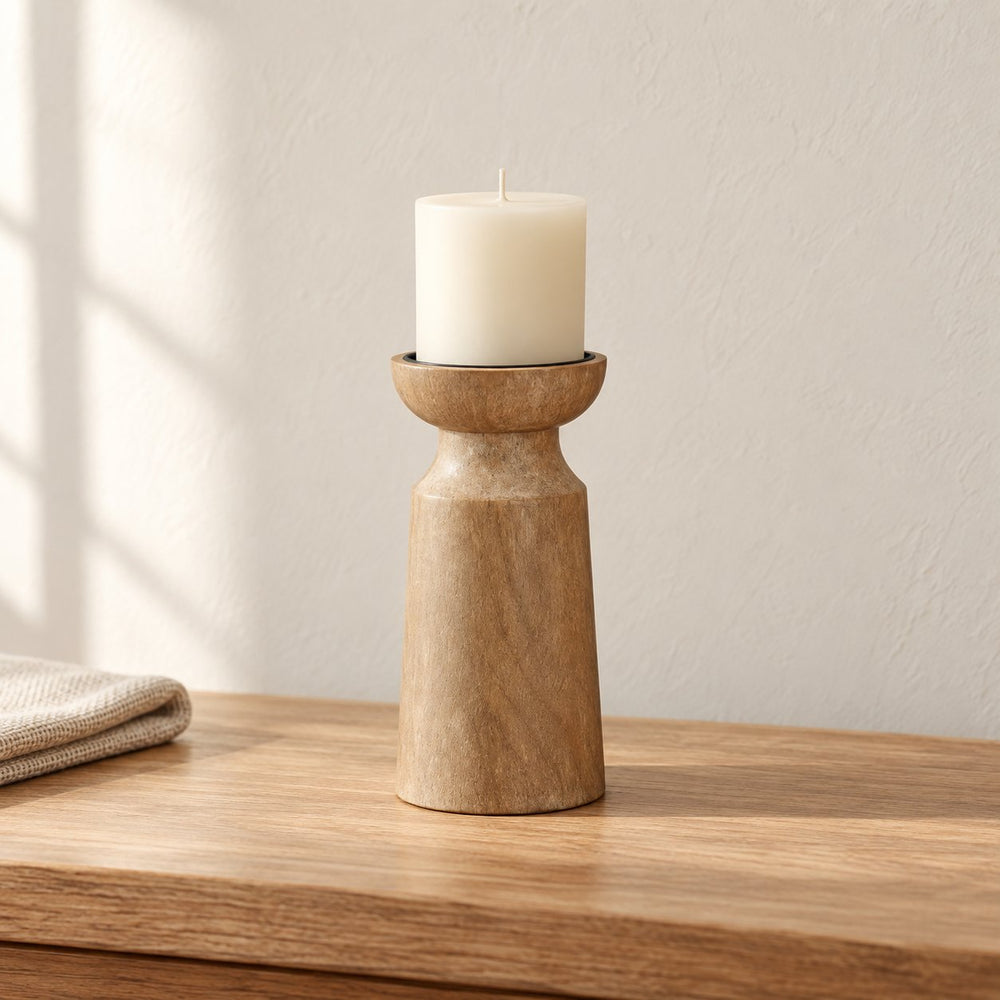 Turned wood pillar candle holder — hero, candle not included