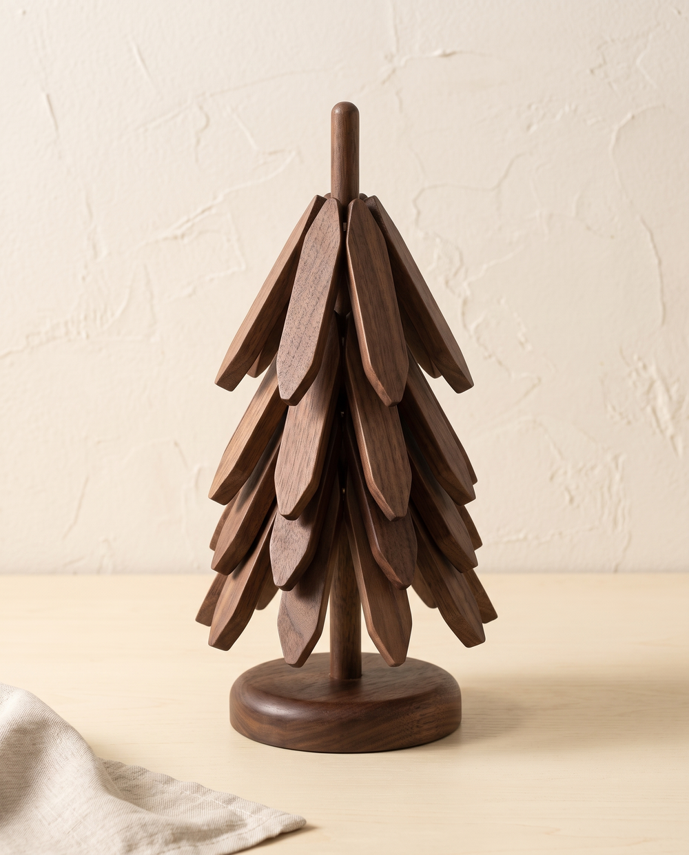 Walnut finish folding tree trivet set with three tiers and base