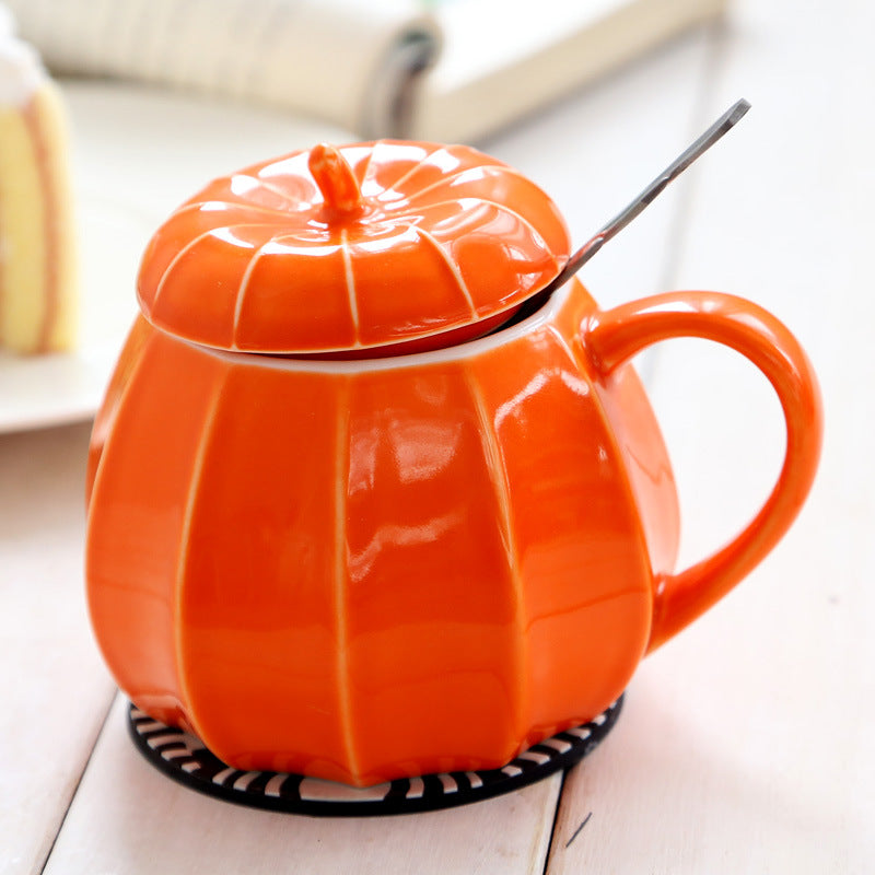 Pumpkin orange ceramic pumpkin mug with lid
