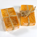 Honeycomb Bar Soap — two amber honey soap bars tied with raffia and kraft tags