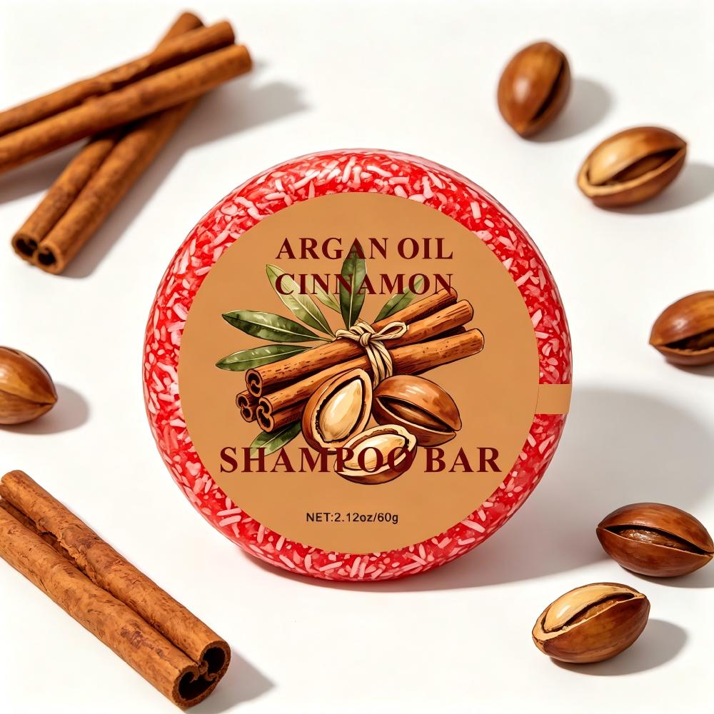 Argan & Cinnamon Shampoo Bar — angled view with cinnamon sticks