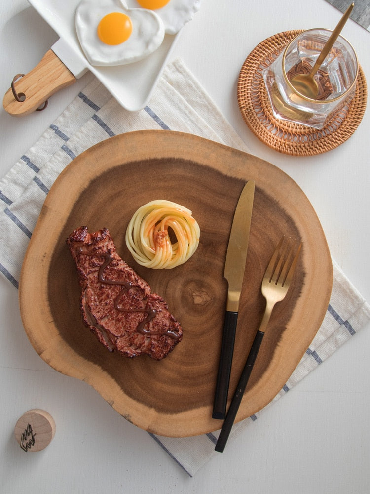 Acacia Tree Stump Board — set for dinner, from above