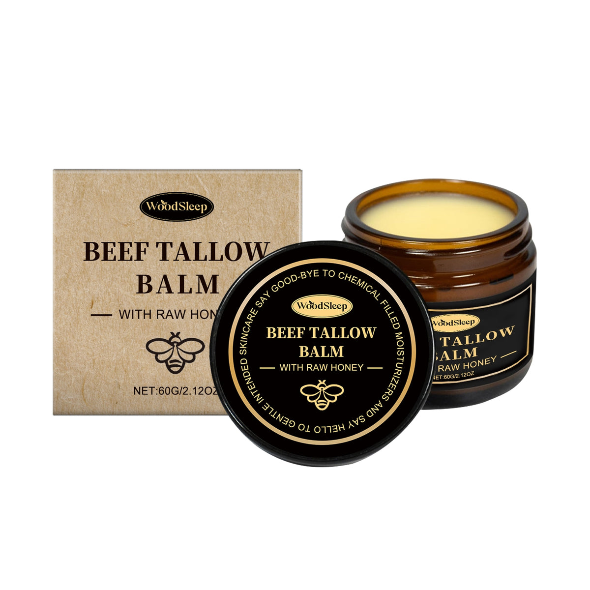 Tallow & Honey Balm — open and closed 60 g amber jars beside the kraft box