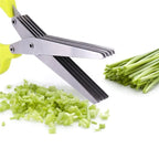 Multi-Blade Herb Scissors — five stainless blades with chopped scallions