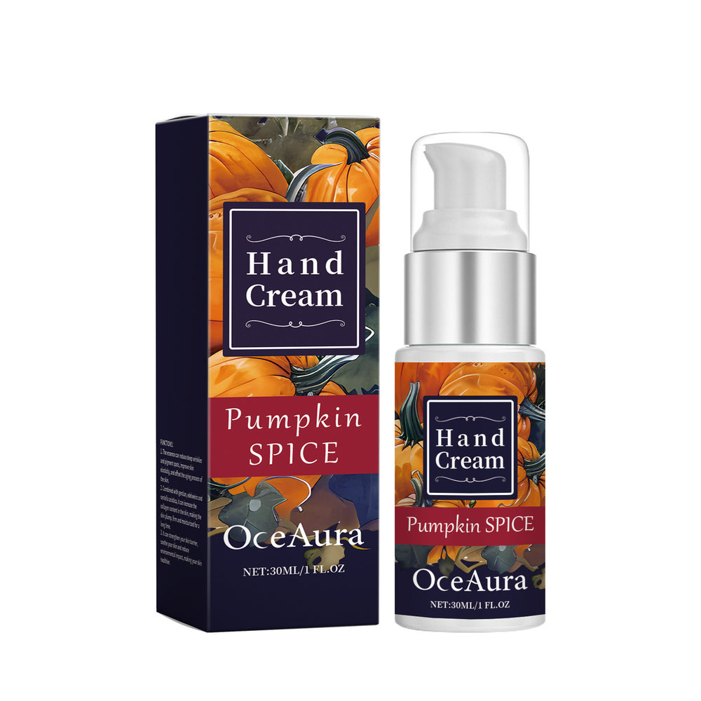Pumpkin Spice Hand Cream — 30 ml pump bottle beside its navy pumpkin-print box