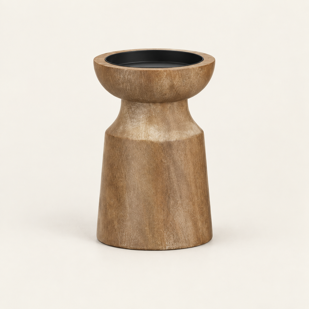 Turned wood pillar candle holder — small