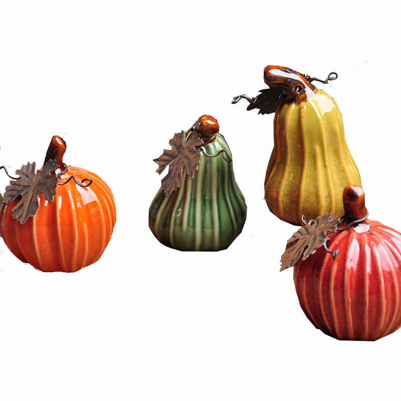 Glazed Ceramic Pumpkin — Orange, Green, Yellow and Red on white