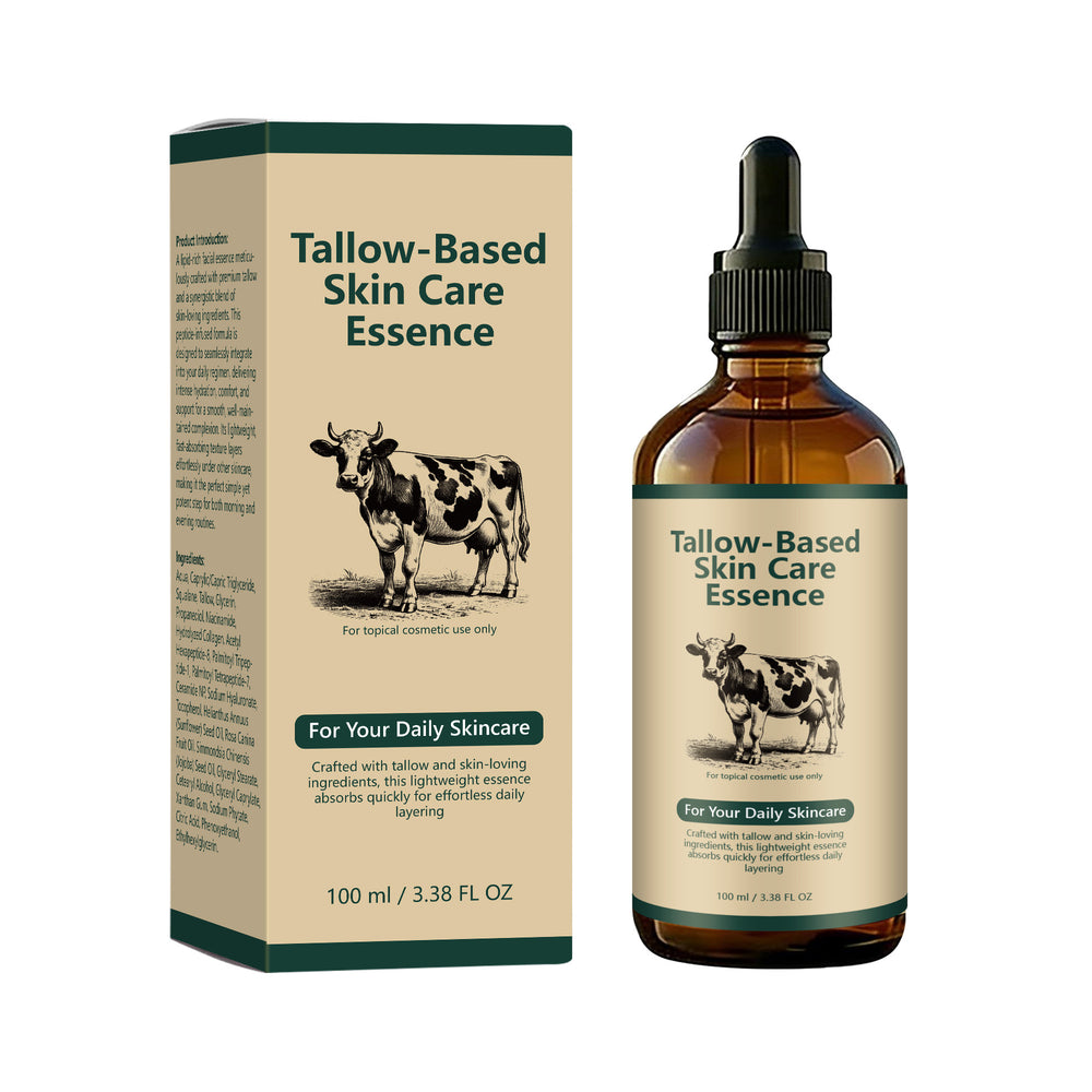 Tallow Skin Care Essence — amber dropper bottle beside its printed carton