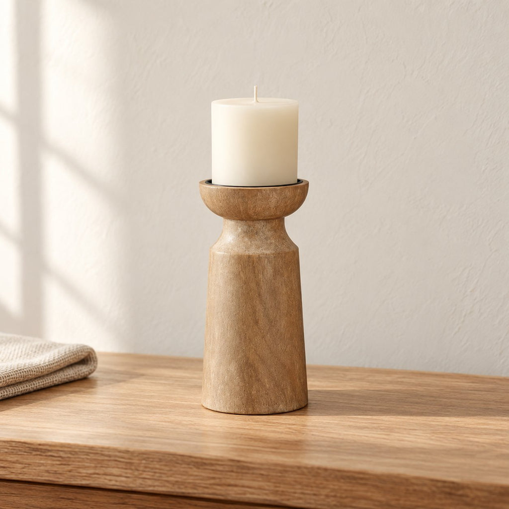 Turned wood pillar candle holder — hero, candle not included
