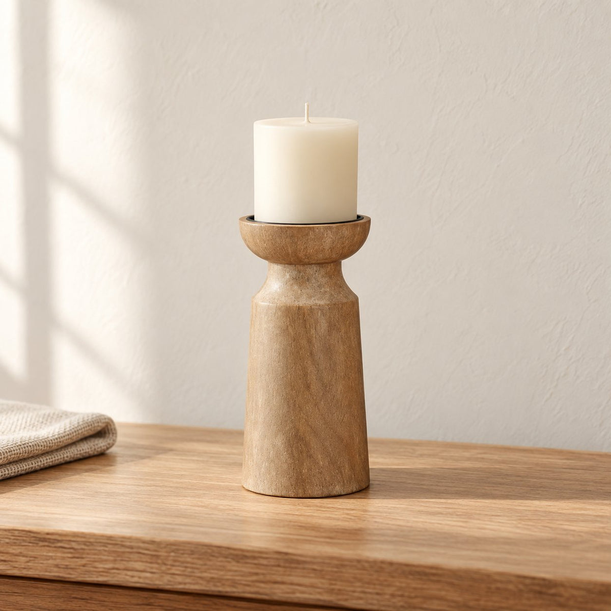 Turned wood pillar candle holder — hero, candle not included