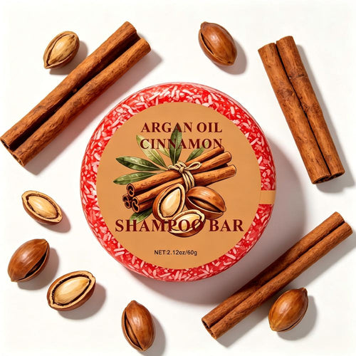 Argan & Cinnamon Shampoo Bar — from above with cinnamon sticks and argan nuts
