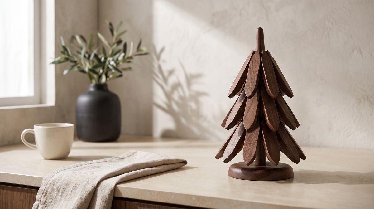 Walnut folding tree trivet set styled on an ivory kitchen counter