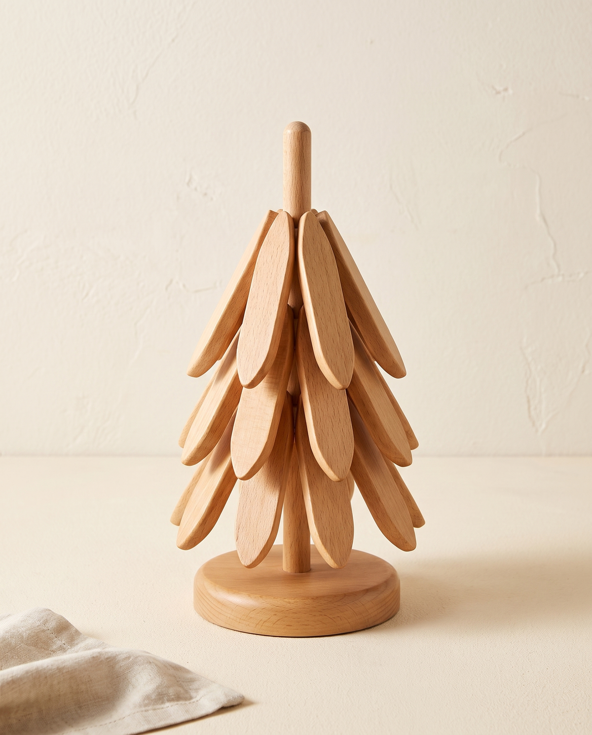 Natural Wood finish folding tree trivet set with three tiers and base